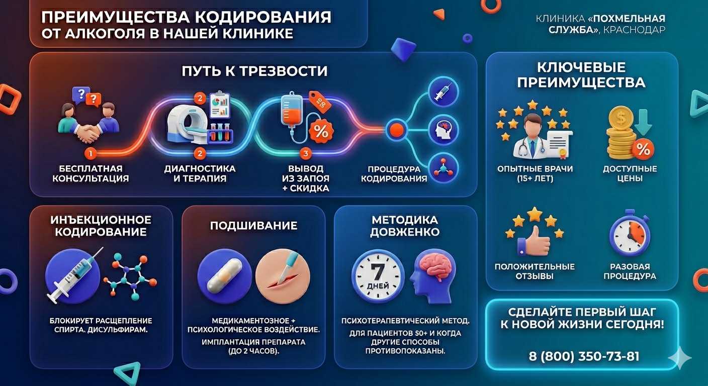 Инфографика о методах кодирования от алкоголя в Ухте: инъекции, подшивание, метод Довженко. Преимущества клиники и этапы лечения.